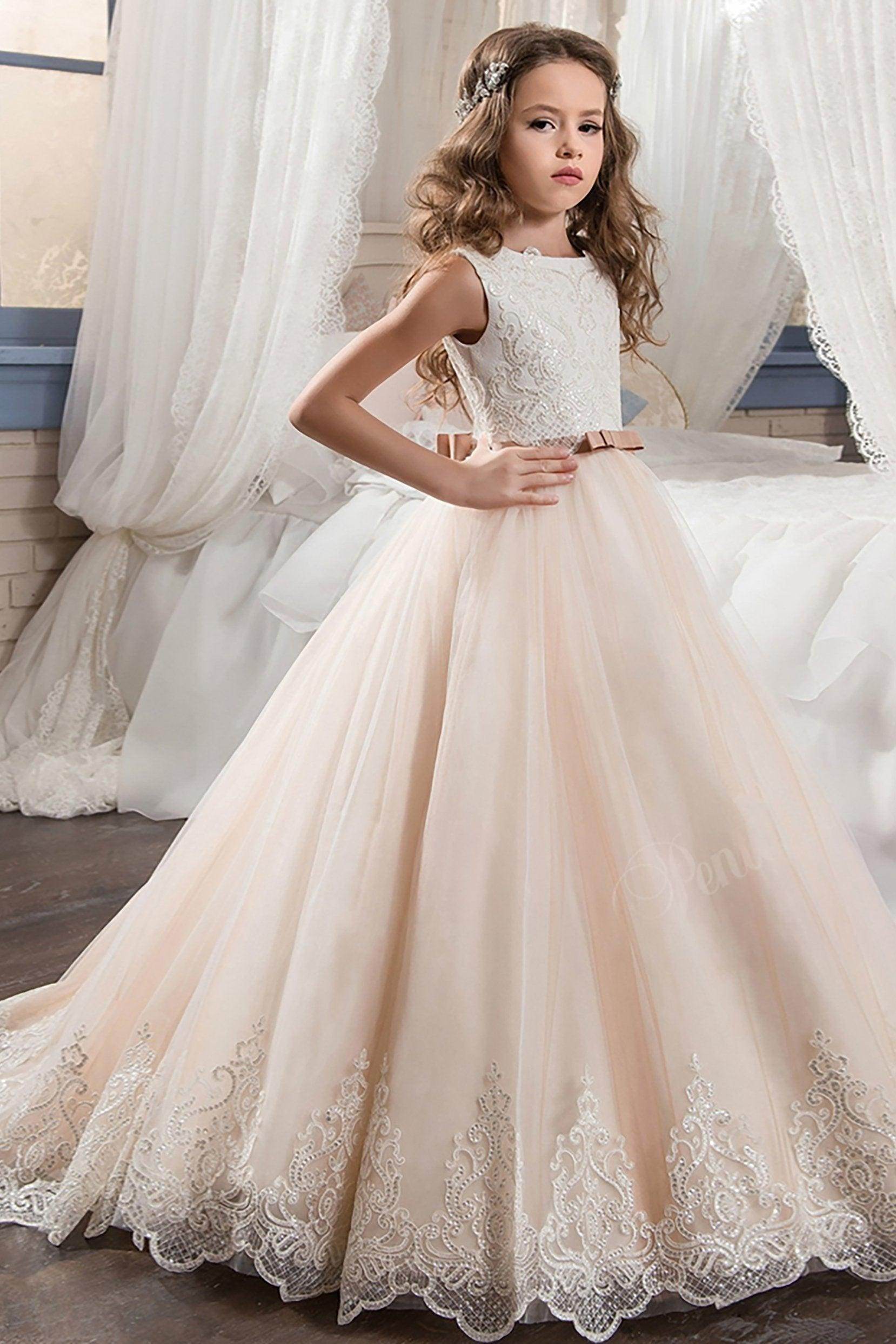 A-Line Floor Length Tulle Lace Flower Girl Dress CF0305 - COCOMELODY